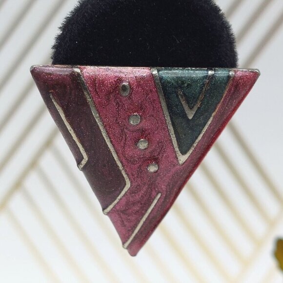 Oops a Daisy Purple Enamel Triangle 80's Earrings Pierced Art Deco 1.25" - Picture 8 of 11